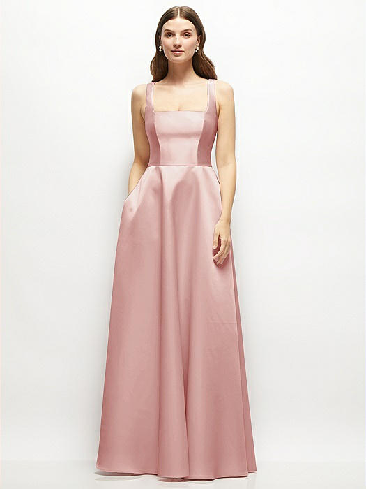 Square-Neck Satin Maxi Dress with Full Skirt