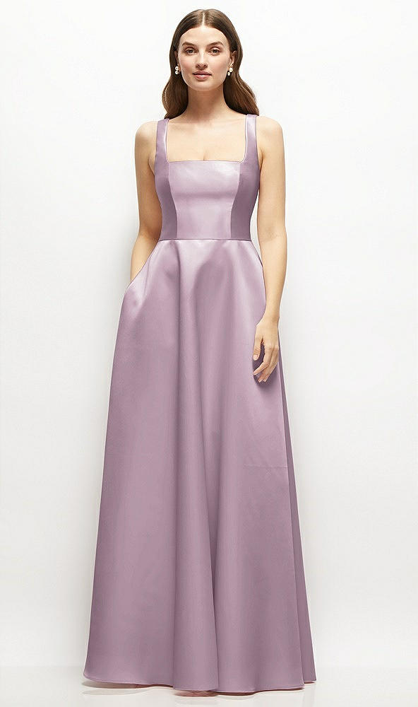 Front View - Suede Rose Square-Neck Satin Maxi Dress with Full Skirt