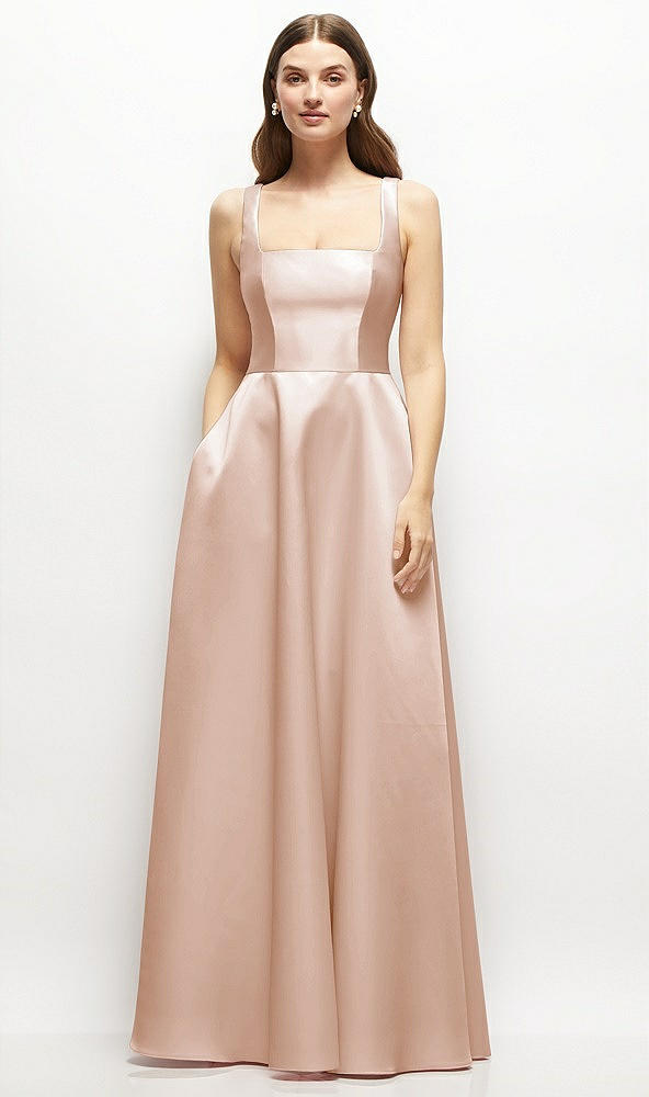 Front View - Cameo Square-Neck Satin Maxi Dress with Full Skirt