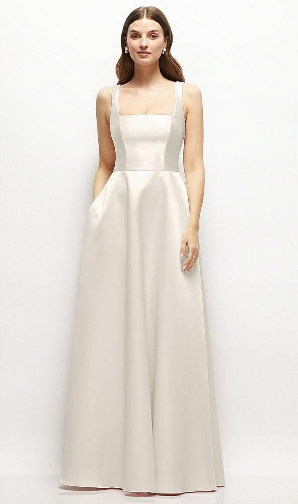 Front View - Ivory Square-Neck Satin Maxi Dress with Full Skirt