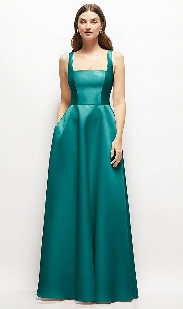 Front View - Jade Square-Neck Satin Maxi Dress with Full Skirt