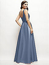 Rear View Thumbnail - Larkspur Blue Square-Neck Satin Maxi Dress with Full Skirt