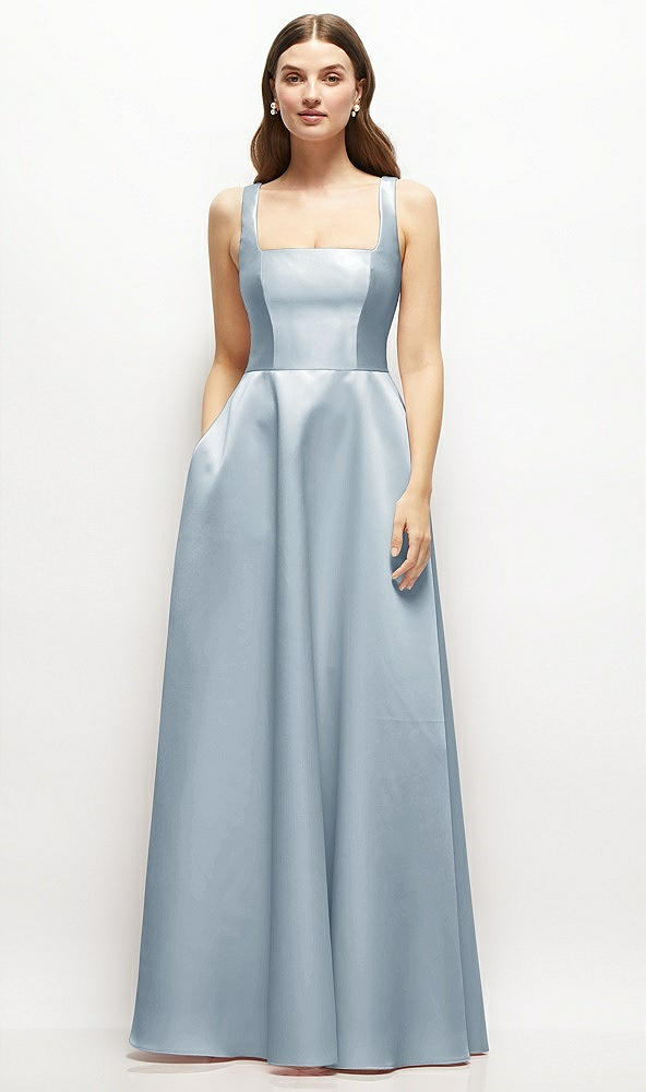 Front View - Mist Square-Neck Satin Maxi Dress with Full Skirt