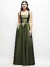 Front View Thumbnail - Olive Green Square-Neck Satin Maxi Dress with Full Skirt