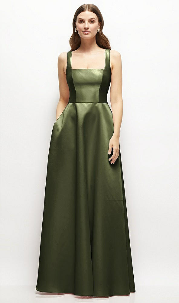 Front View - Olive Green Square-Neck Satin Maxi Dress with Full Skirt