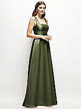 Side View Thumbnail - Olive Green Square-Neck Satin Maxi Dress with Full Skirt