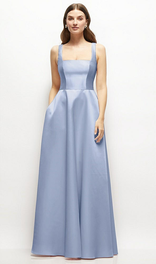 Front View - Sky Blue Square-Neck Satin Maxi Dress with Full Skirt