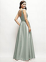 Rear View Thumbnail - Willow Green Square-Neck Satin Maxi Dress with Full Skirt