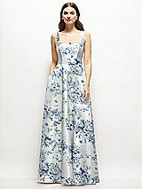 Front View Thumbnail - Cottage Rose Larkspur Floral Square-Neck Satin Maxi Dress with Full Skirt
