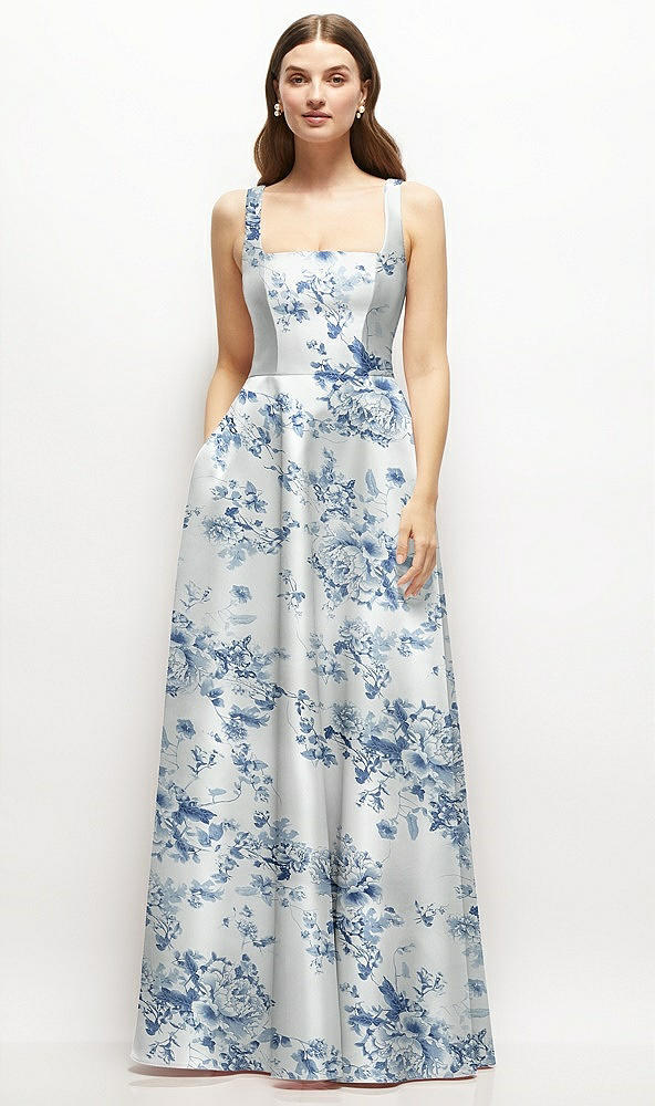 Front View - Cottage Rose Larkspur Floral Square-Neck Satin Maxi Dress with Full Skirt
