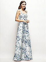 Side View Thumbnail - Cottage Rose Larkspur Floral Square-Neck Satin Maxi Dress with Full Skirt