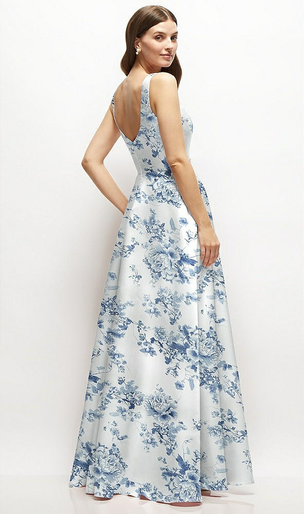 Back View - Cottage Rose Larkspur Floral Square-Neck Satin Maxi Dress with Full Skirt