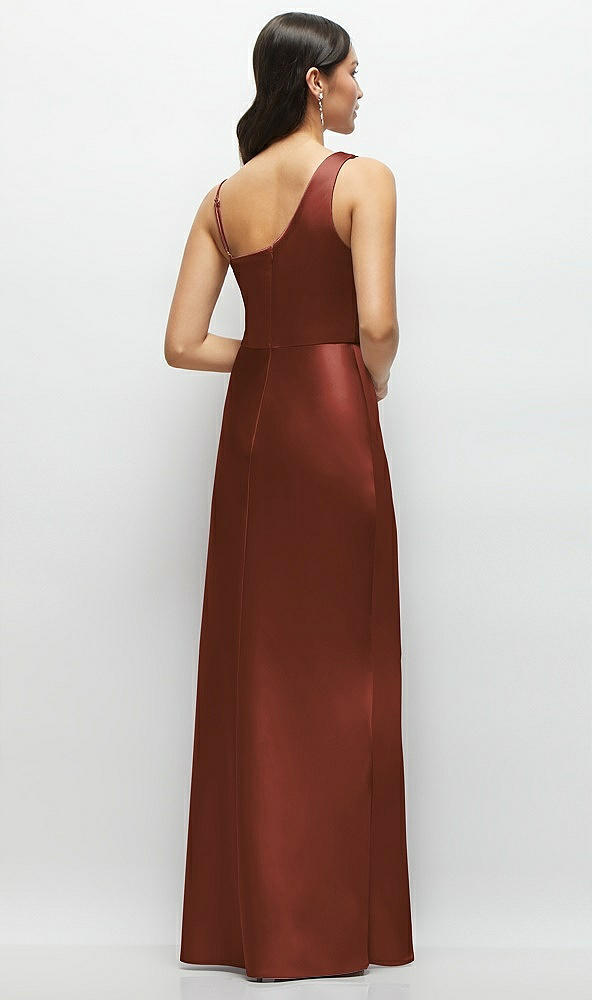 Back View - Auburn Moon One-Shoulder Draped Cowl A-Line Satin Maxi Dress