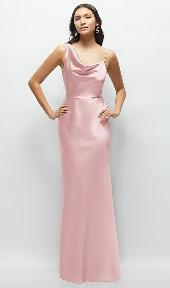 Front View - Ballet Pink One-Shoulder Draped Cowl A-Line Satin Maxi Dress