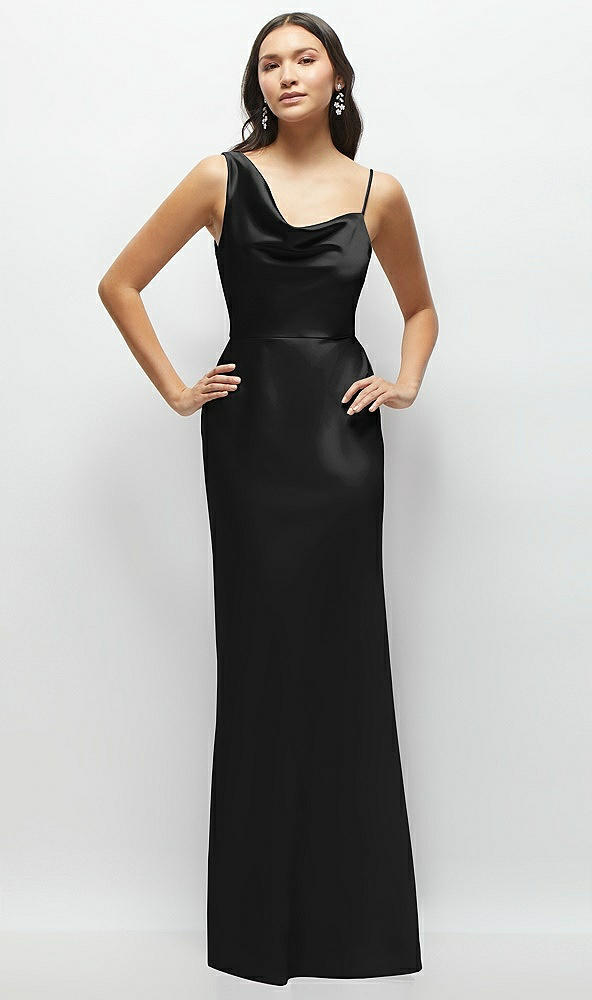 Front View - Black One-Shoulder Draped Cowl A-Line Satin Maxi Dress
