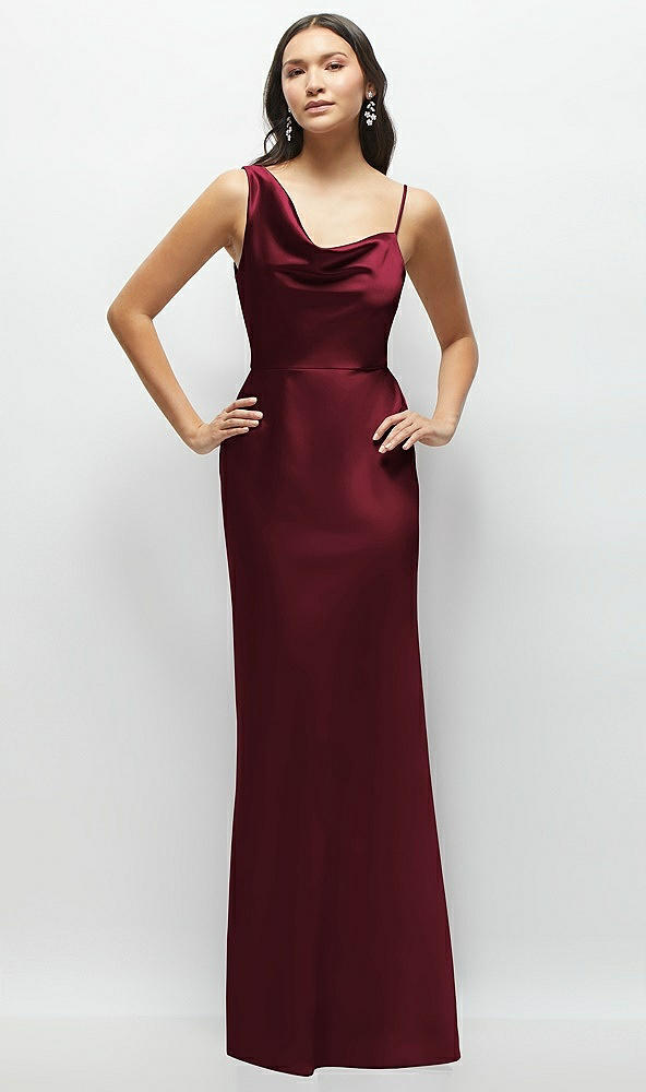 Front View - Cabernet One-Shoulder Draped Cowl A-Line Satin Maxi Dress