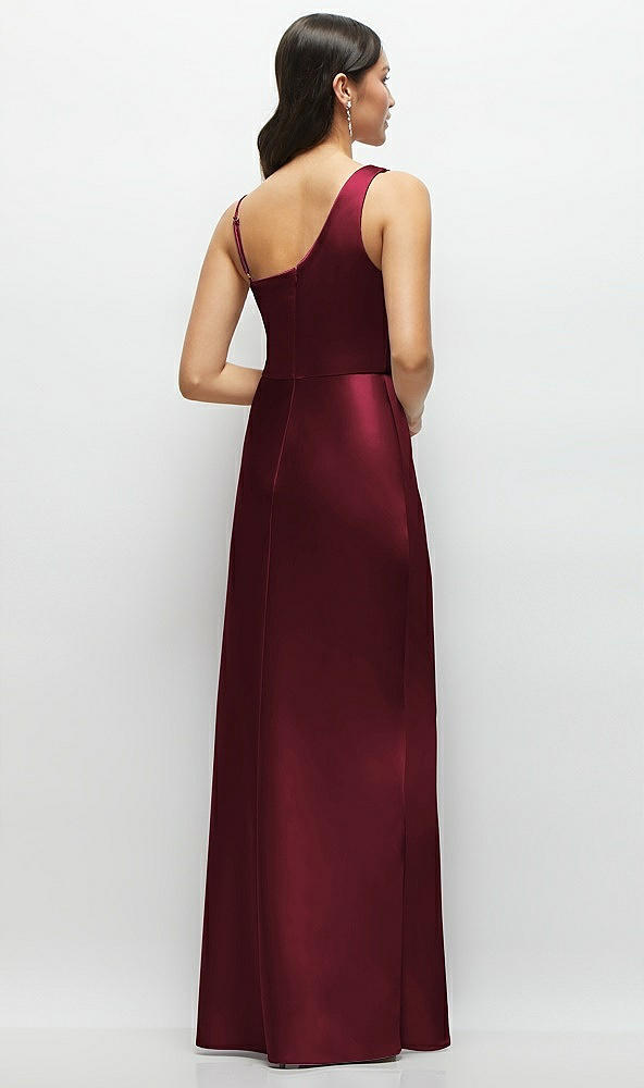 Back View - Cabernet One-Shoulder Draped Cowl A-Line Satin Maxi Dress