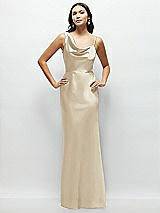 Front View Thumbnail - Champagne One-Shoulder Draped Cowl A-Line Satin Maxi Dress