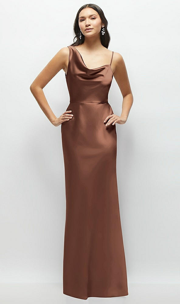 Front View - Cognac One-Shoulder Draped Cowl A-Line Satin Maxi Dress