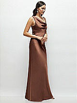 Side View Thumbnail - Cognac One-Shoulder Draped Cowl A-Line Satin Maxi Dress