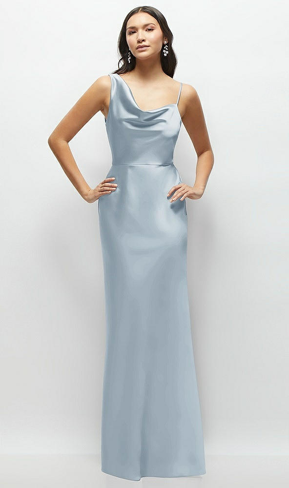 Front View - Mist One-Shoulder Draped Cowl A-Line Satin Maxi Dress