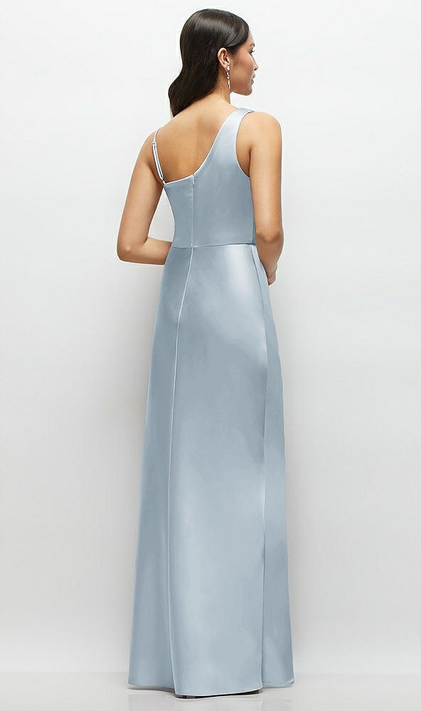 Back View - Mist One-Shoulder Draped Cowl A-Line Satin Maxi Dress