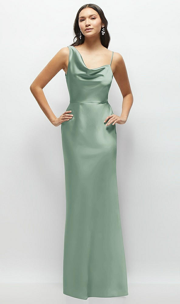 Front View - Seagrass One-Shoulder Draped Cowl A-Line Satin Maxi Dress