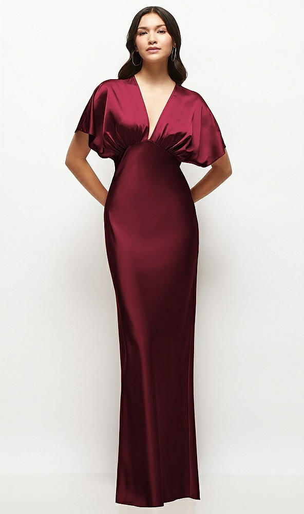 Front View - Cabernet Plunge Neck Kimono Sleeve Satin Bias Maxi Dress