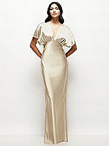 Front View Thumbnail - Champagne Plunge Neck Kimono Sleeve Satin Bias Maxi Dress