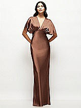 Front View Thumbnail - Cognac Plunge Neck Kimono Sleeve Satin Bias Maxi Dress