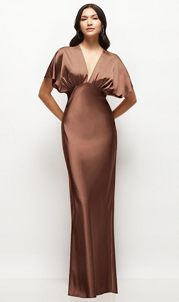 Front View - Cognac Plunge Neck Kimono Sleeve Satin Bias Maxi Dress