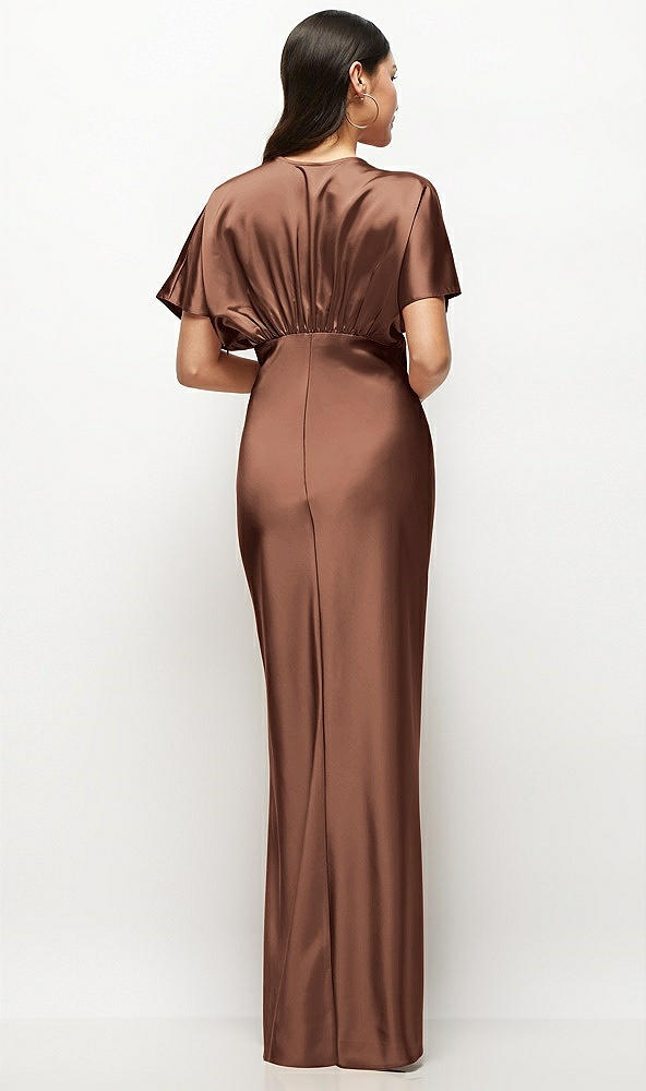 Back View - Cognac Plunge Neck Kimono Sleeve Satin Bias Maxi Dress