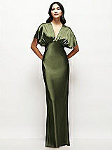 Front View Thumbnail - Olive Green Plunge Neck Kimono Sleeve Satin Bias Maxi Dress