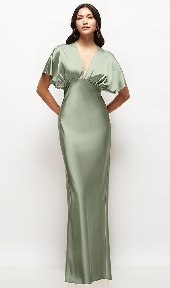 Front View - Sage Plunge Neck Kimono Sleeve Satin Bias Maxi Dress