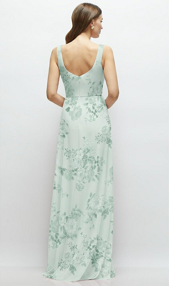 Back View - Mint Green Floral Square Neck Chiffon Maxi Dress with Circle Skirt