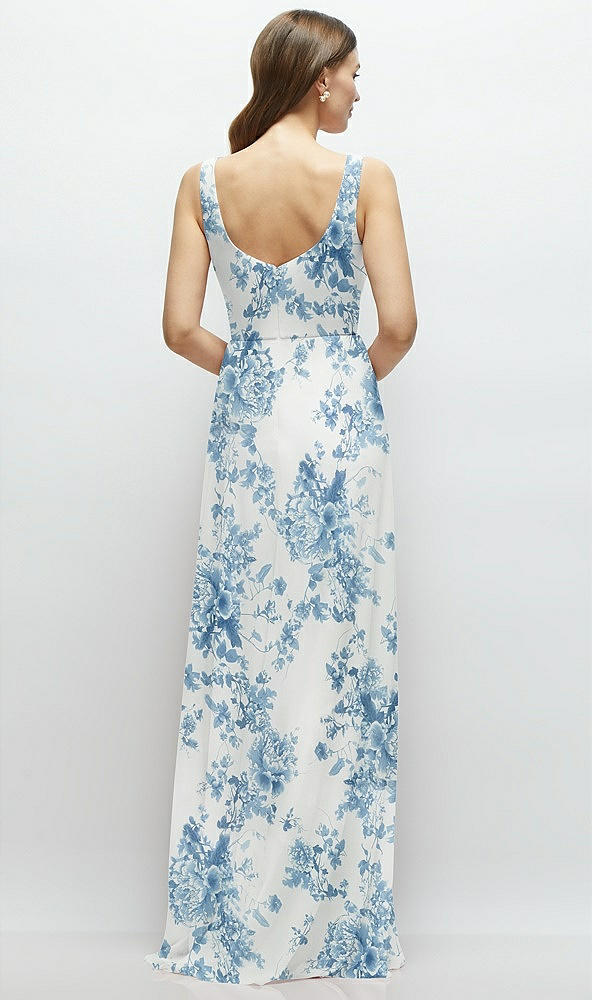 Back View - Cottage Rose Dusk Blue Square Neck Chiffon Maxi Dress with Circle Skirt