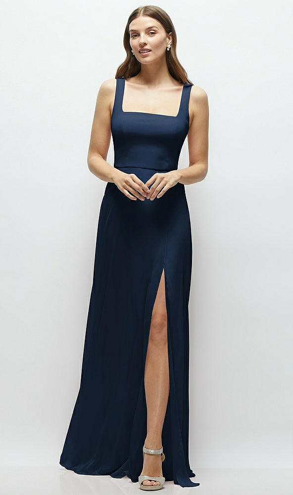 Front View - Midnight Navy Square Neck Chiffon Maxi Dress with Circle Skirt