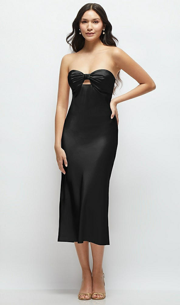 Front View - Black Strapless Bow-Bandeau Cutout Satin Midi Slip Dress