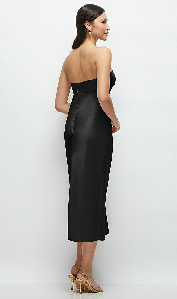 Back View - Black Strapless Bow-Bandeau Cutout Satin Midi Slip Dress