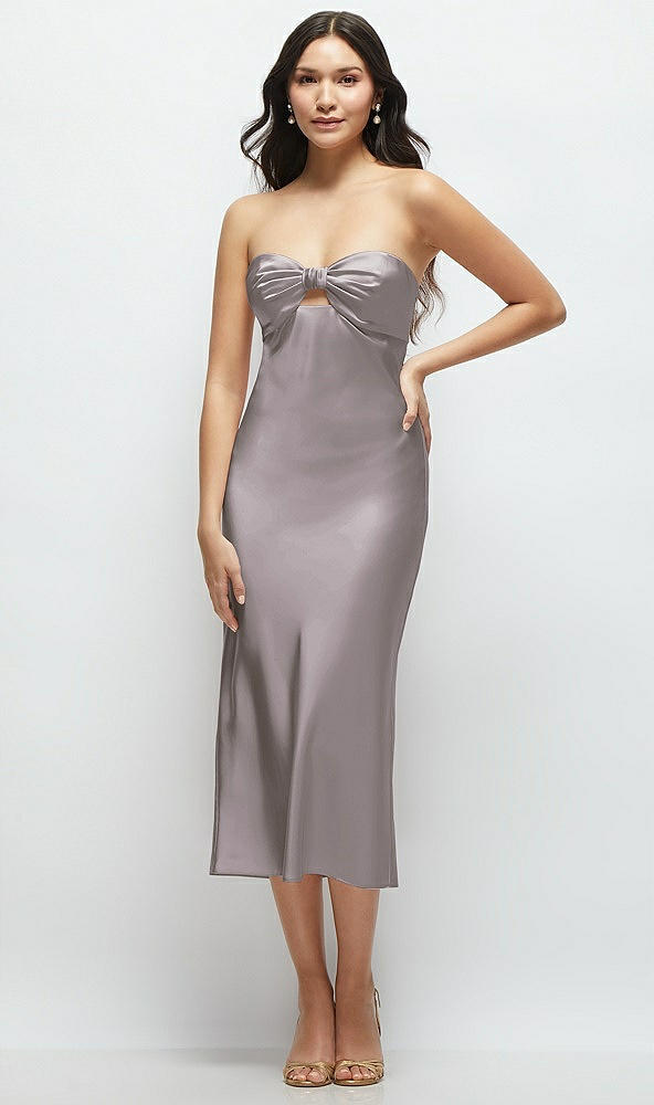 Front View - Cashmere Gray Strapless Bow-Bandeau Cutout Satin Midi Slip Dress