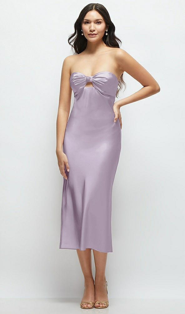 Front View - Lilac Haze Strapless Bow-Bandeau Cutout Satin Midi Slip Dress