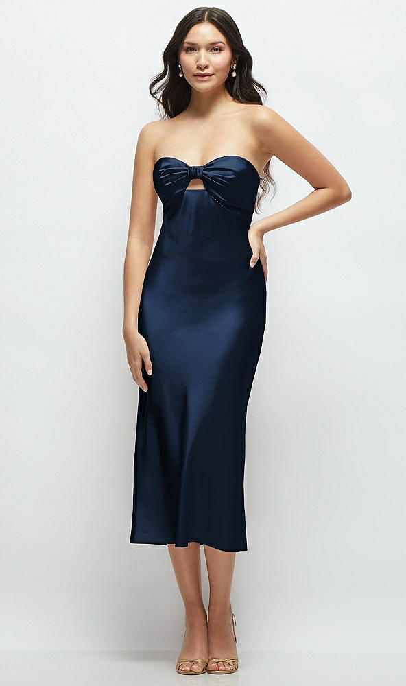 Front View - Midnight Navy Strapless Bow-Bandeau Cutout Satin Midi Slip Dress
