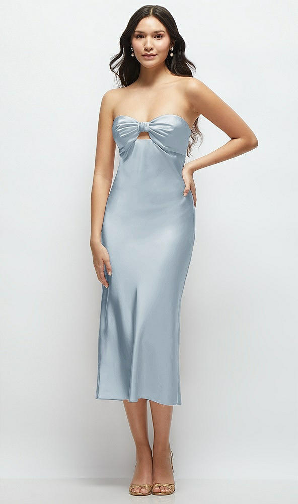 Front View - Mist Strapless Bow-Bandeau Cutout Satin Midi Slip Dress