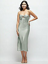Front View Thumbnail - Willow Green Strapless Bow-Bandeau Cutout Satin Midi Slip Dress