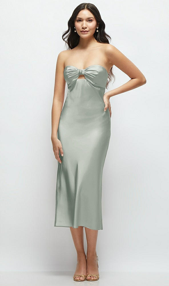 Front View - Willow Green Strapless Bow-Bandeau Cutout Satin Midi Slip Dress
