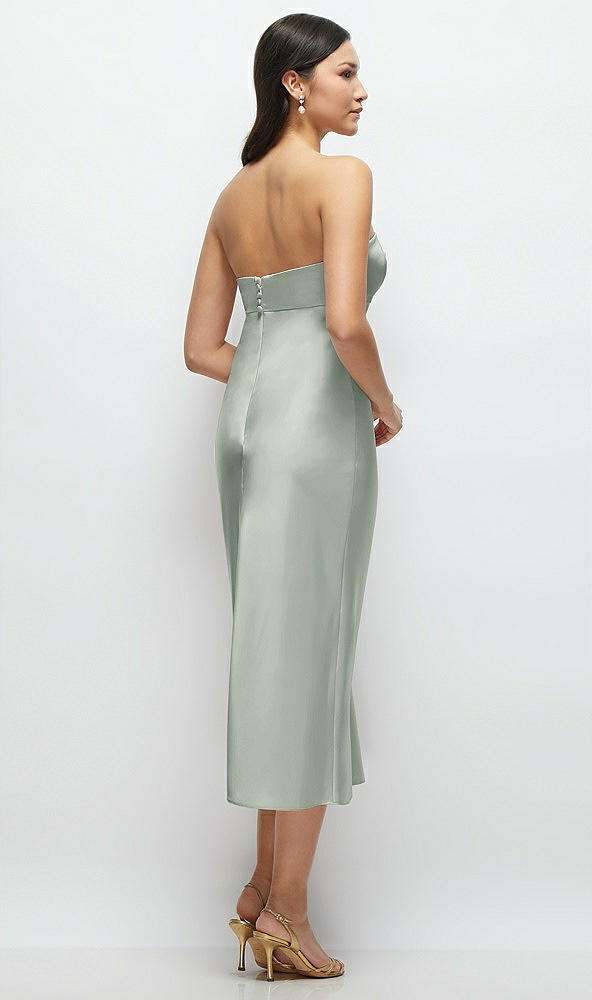 Back View - Willow Green Strapless Bow-Bandeau Cutout Satin Midi Slip Dress