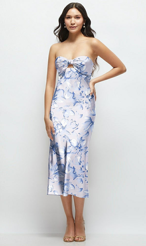 Front View - Magnolia Sky Strapless Bow-Bandeau Cutout Floral Satin Midi Slip Dress