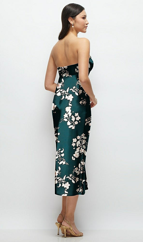 Back View - Vintage Primrose Evergreen Strapless Bow-Bandeau Cutout Floral Satin Midi Slip Dress
