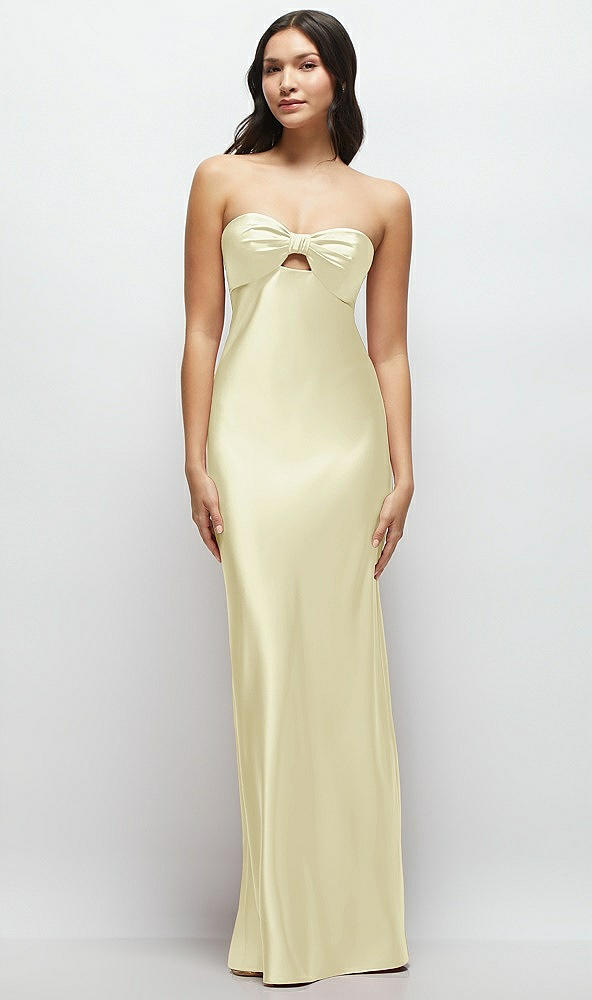 Front View - Butter Yellow Strapless Bow-Bandeau Cutout Satin Maxi Slip Dress