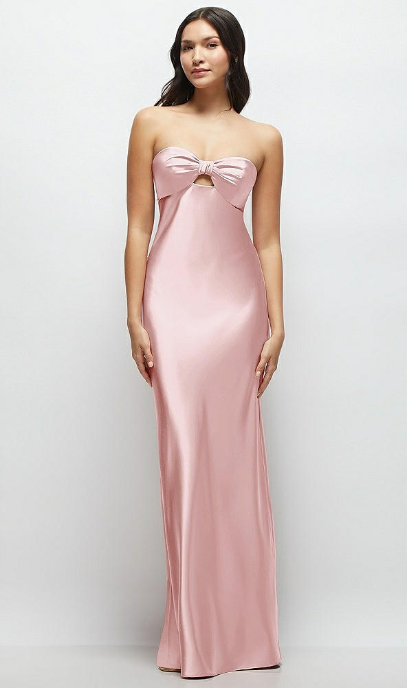 Front View - Ballet Pink Strapless Bow-Bandeau Cutout Satin Maxi Slip Dress